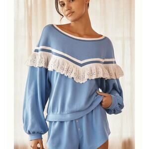 Anthropologie Blue Lace Trim Sweatshirt Oversized S NWT